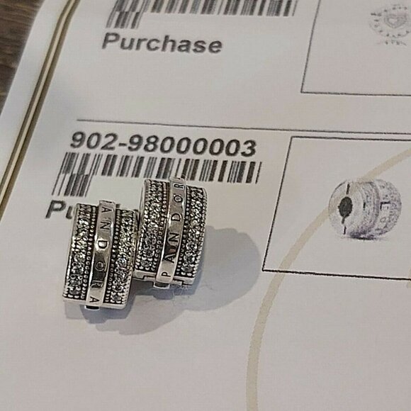 Pair of Auth PANDORA Sterling Silver Sparkling Pavé Lines & Logo Clip 799042C01 - Picture 9 of 12